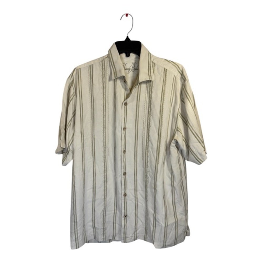 Tommy Bahama Shirt Mens Size Large Beige Silk Beige Striped Dad Beach BBQ